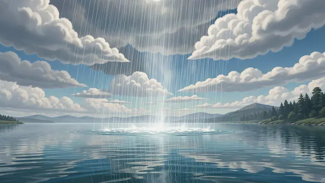 Surreal illustration of rain streams rising upward from a calm lake toward fluffy clouds
