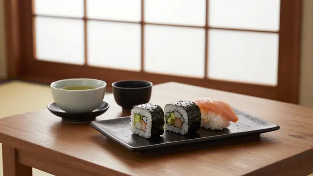 A plate of sushi and a bowl of green tea rest on a low wooden table beside a paper paned window with soft daylight.