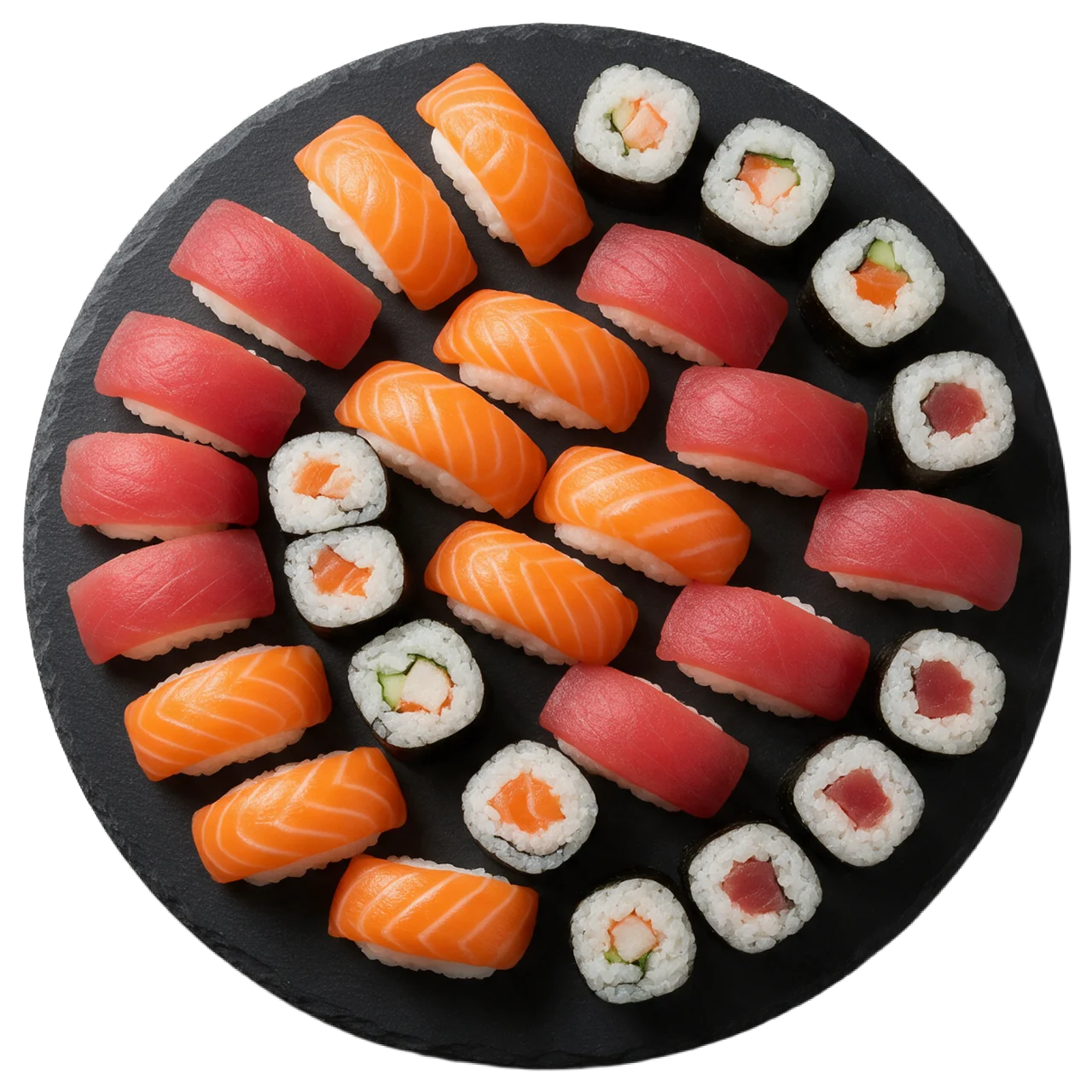Top-down view of a platter arranged with salmon nigiri, tuna nigiri, and maki sushi rolls