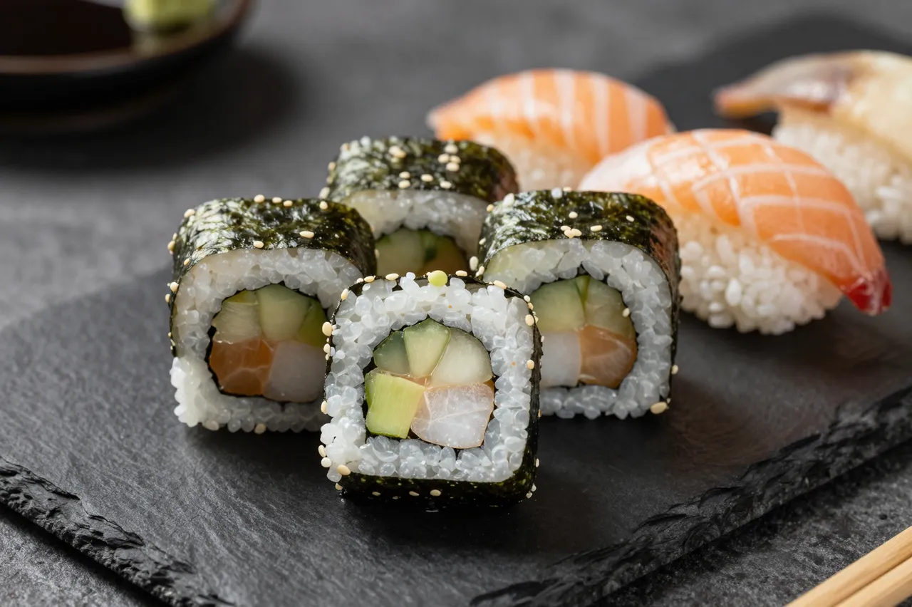 Assorted maki and nigiri sushi arranged on a dark slate serving board