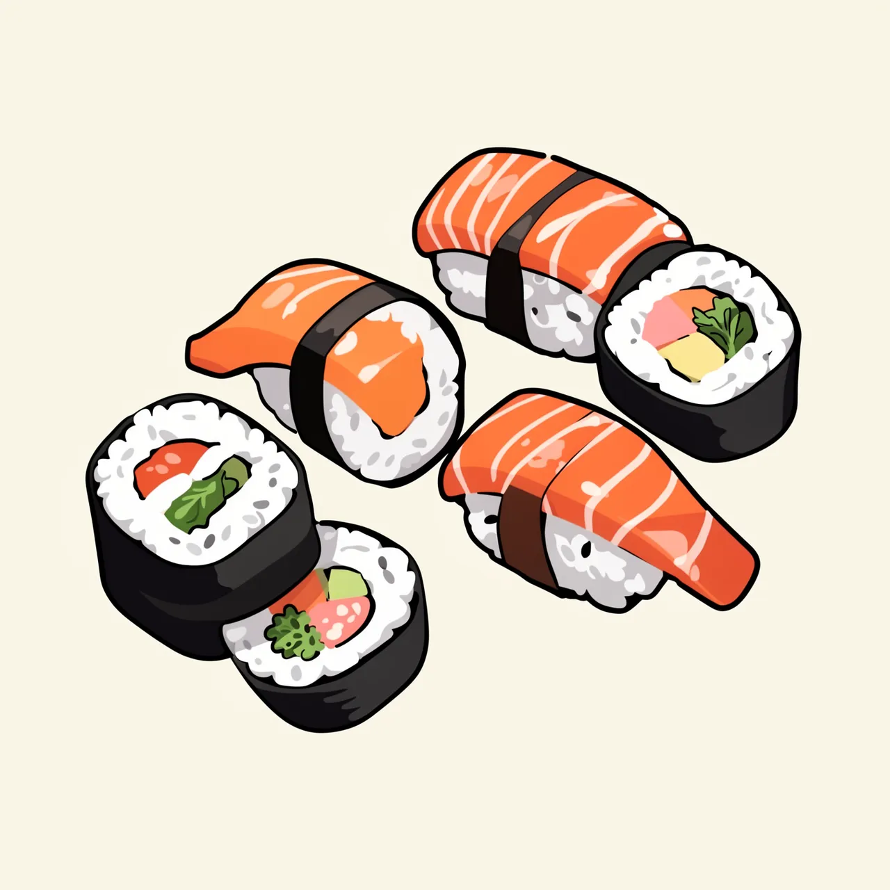 Flat cartoon illustration of assorted salmon nigiri and maki sushi arranged on a pale cream background