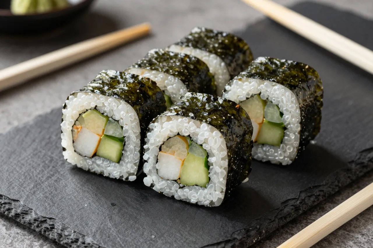 Vegetable maki sushi rolls arranged on a dark slate serving platter with wooden chopsticks in the background.