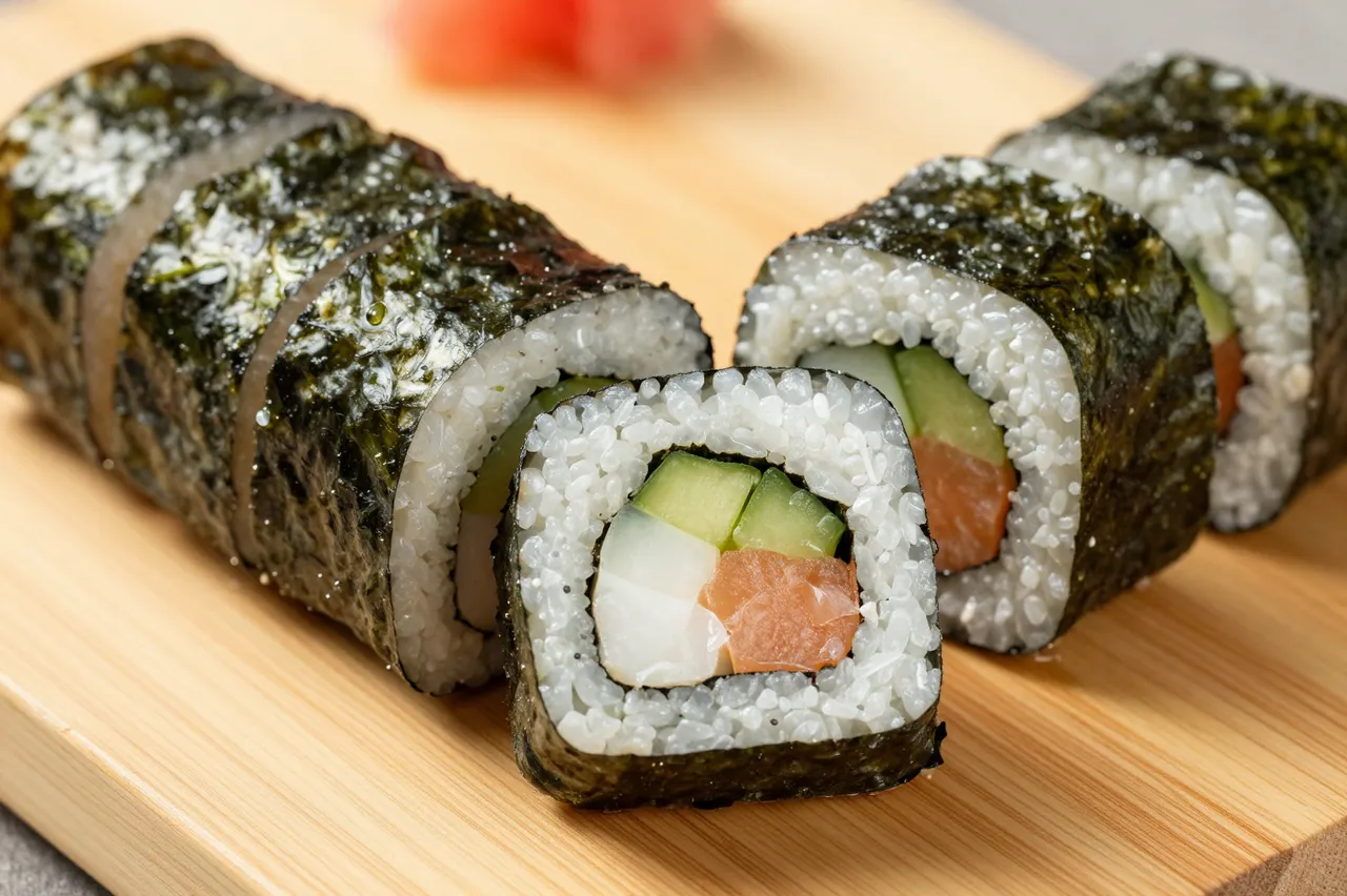 Close-up of sliced maki sushi rolls arranged neatly on a light wooden cutting board