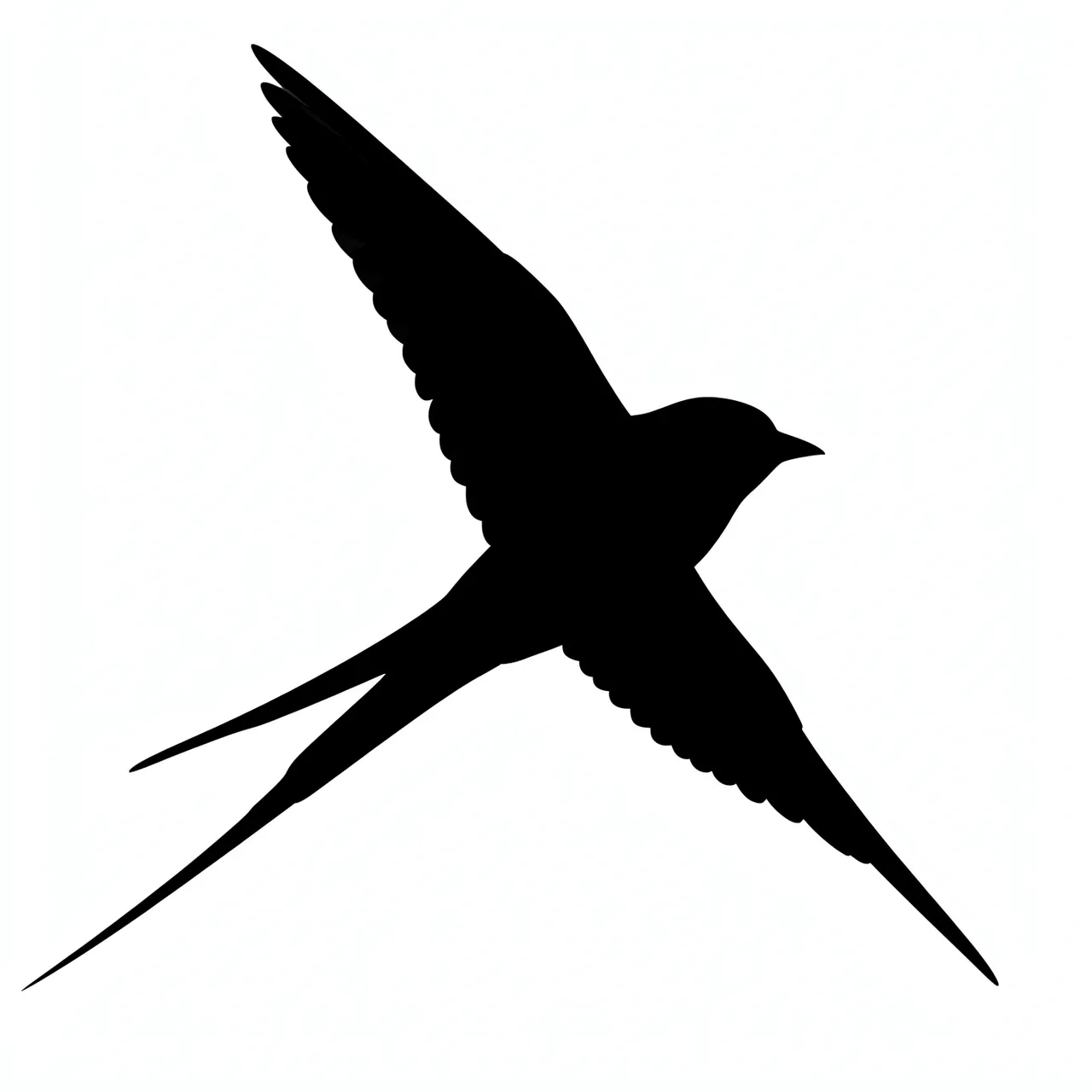 Solid black silhouette of a flying swallow with a forked tail on a plain white background