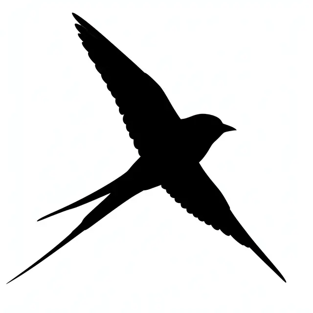Solid black silhouette of a flying swallow with a forked tail on a plain white background