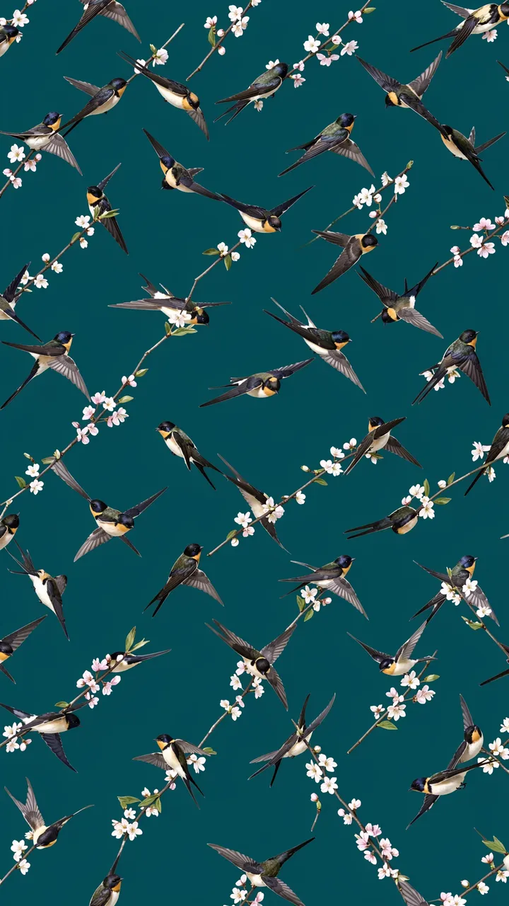 Flying swallows and delicate cherry blossom sprigs arranged across a deep teal background pattern
