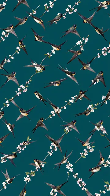Flying swallows and delicate cherry blossom sprigs arranged across a deep teal background pattern