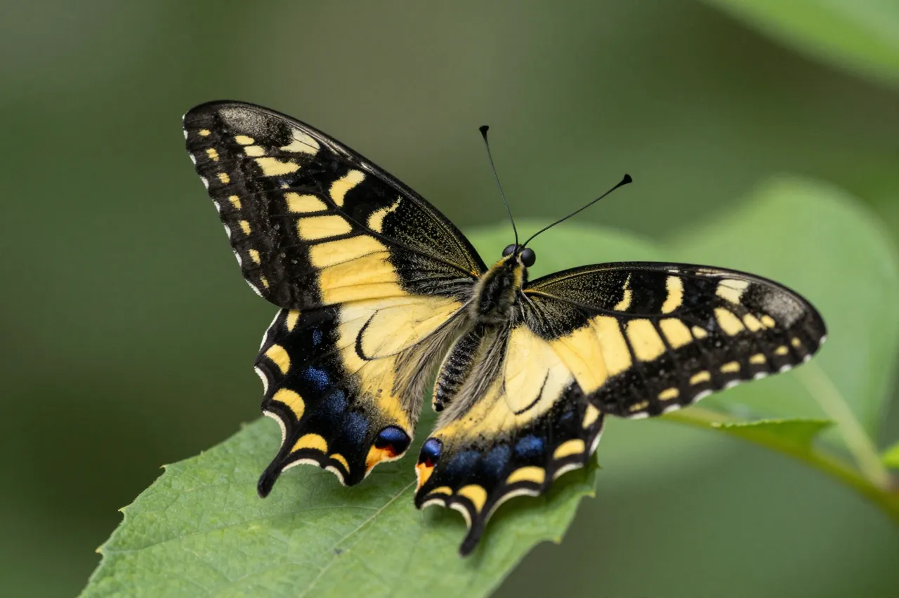 Black and yellow swallowtail butterfly rests with wings spread open on a green leaf