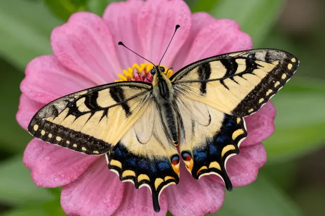 A tiger swallowtail butterfly rests with spread wings on a pink zinnia flower.