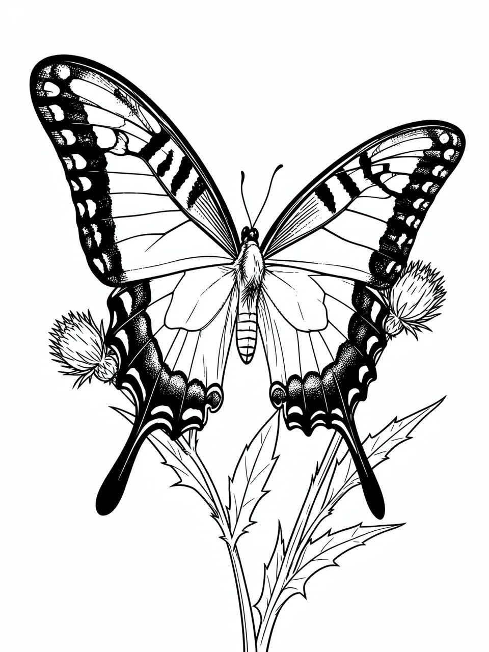 Black and white line art of a long-tailed swallowtail butterfly perched on a thistle plant on a plain white background