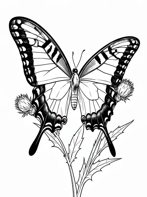 Black and white line art of a long-tailed swallowtail butterfly perched on a thistle plant on a plain white background