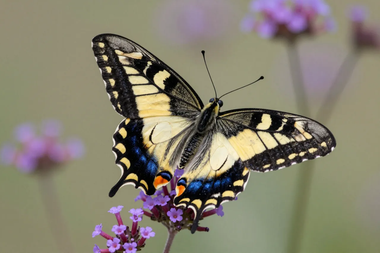 A black and yellow swallowtail butterfly rests with spread wings on purple verbena flowers, blurred green background behind