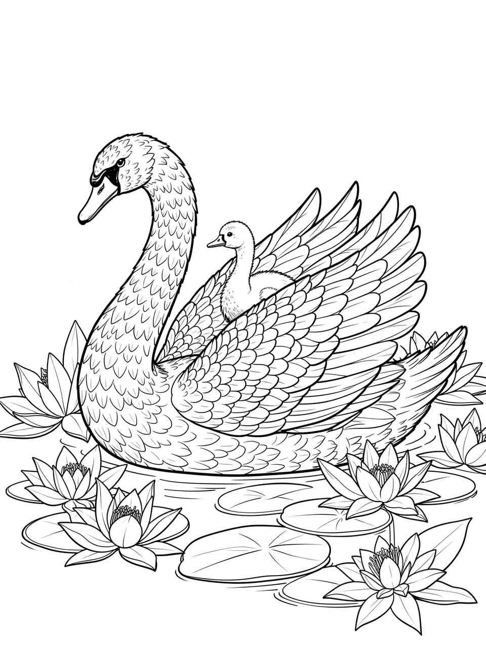 Black and white line art of an adult swan with a cygnet on its back surrounded by water lilies on a plain white background.