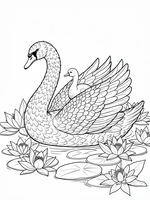 Black and white line art of an adult swan with a cygnet on its back surrounded by water lilies on a plain white background.