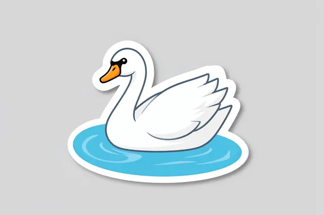 Cute die-cut sticker of a white swan floating on blue water, set against a plain light gray background