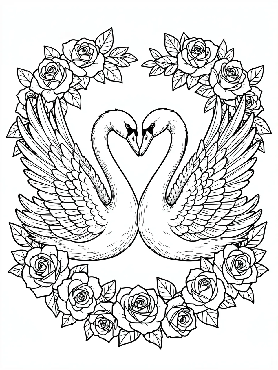 Black and white line art of two swans forming a heart with their necks inside a rose frame