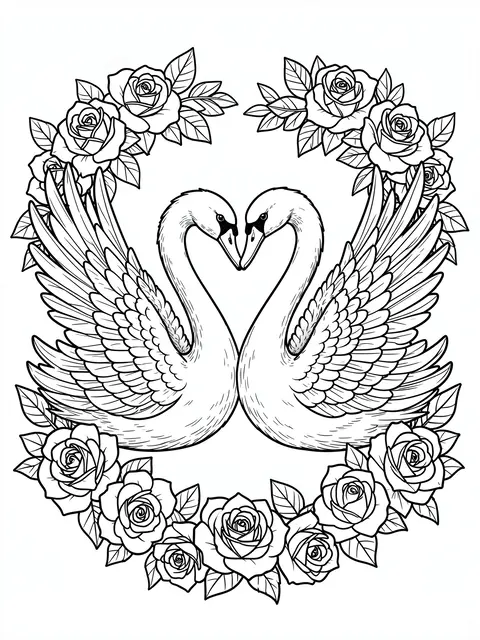 Black and white line art of two swans forming a heart with their necks inside a rose frame