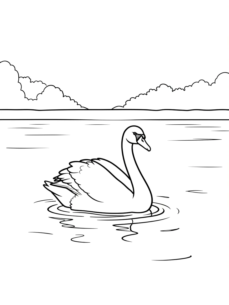 Black and white bold line art of a swan gliding on calm lake water with distant clouds