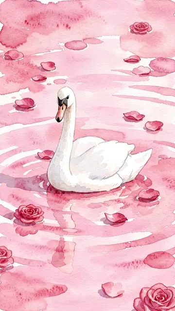 Watercolor illustration of a white swan gliding on soft pink water dotted with floating rose petals and roses