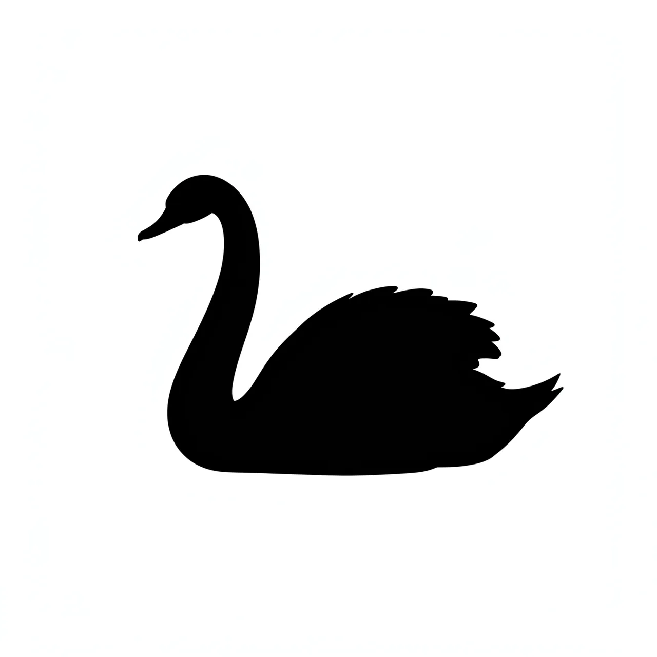 Solid black silhouette of a gliding swan with a curved neck on a plain white background