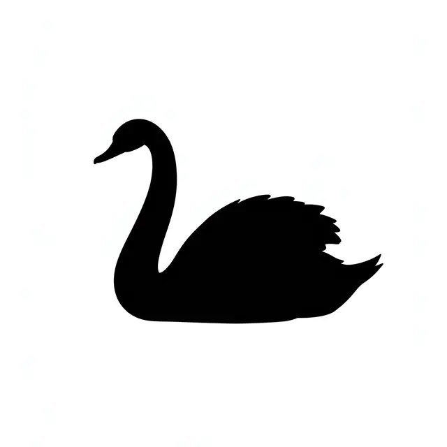 Solid black silhouette of a gliding swan with a curved neck on a plain white background