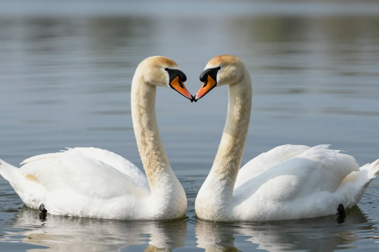 Two mute swans float on calm lake water, their necks touching to form a heart shape.
