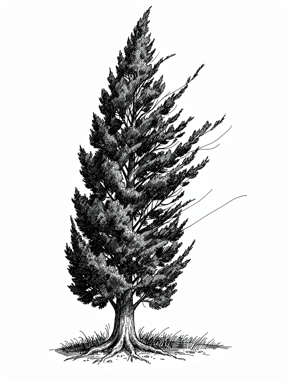 Pen and ink line art of a tall cypress tree blowing in wind on a white background