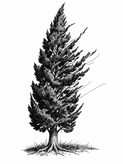 Pen and ink line art of a tall cypress tree blowing in wind on a white background