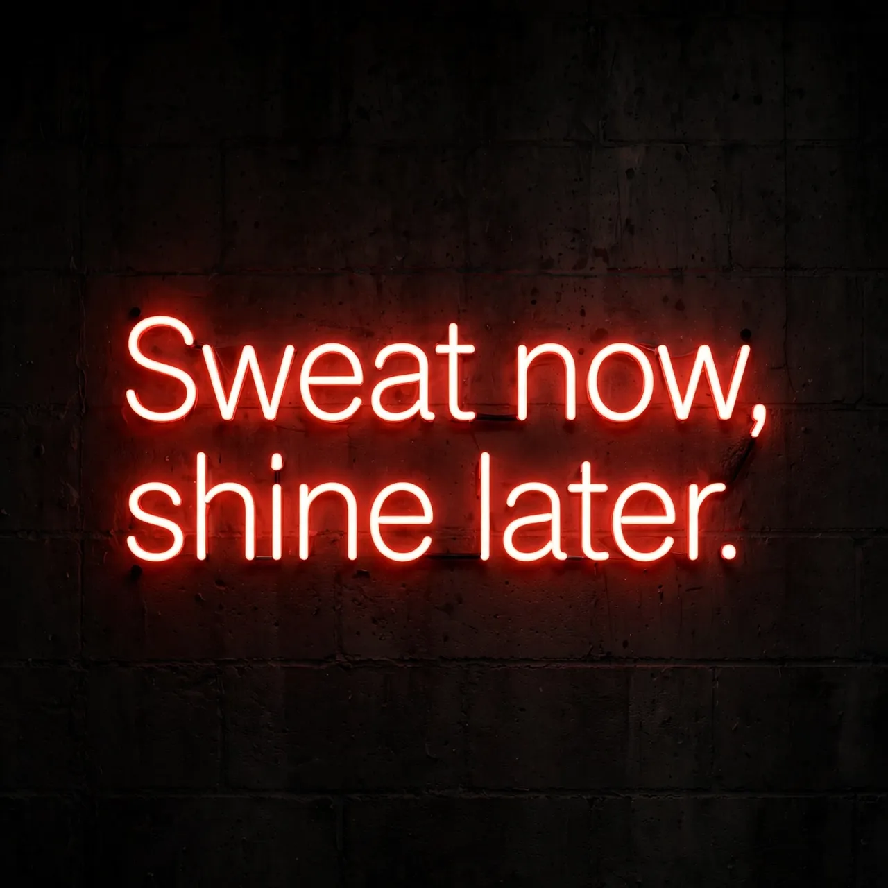 Glowing red neon sign reading "Sweat now, shine later." mounted on a dark textured concrete gym wall