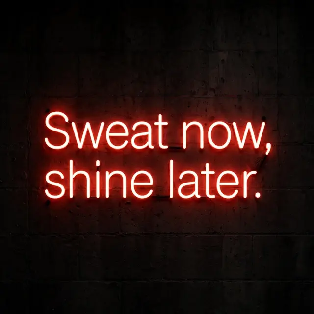 Glowing red neon sign reading "Sweat now, shine later." mounted on a dark textured concrete gym wall