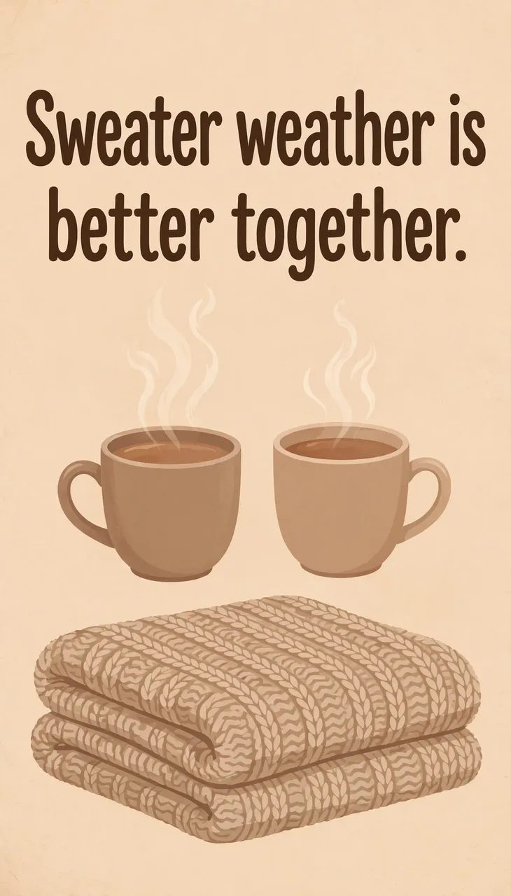 Vertical flat illustration with the quote "Sweater weather is better together", two steaming mugs and a folded knit blanket