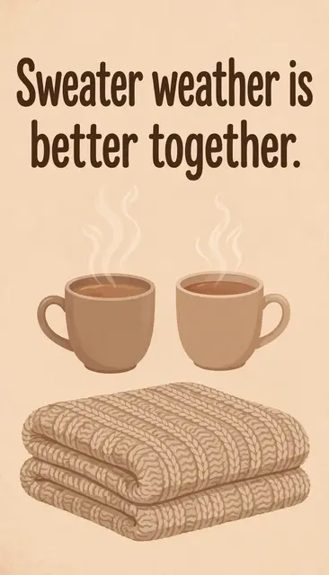 Vertical flat illustration with the quote "Sweater weather is better together", two steaming mugs and a folded knit blanket
