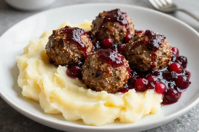 A white plate holds seasoned meatballs, creamy mashed potatoes, and glossy lingonberry sauce.