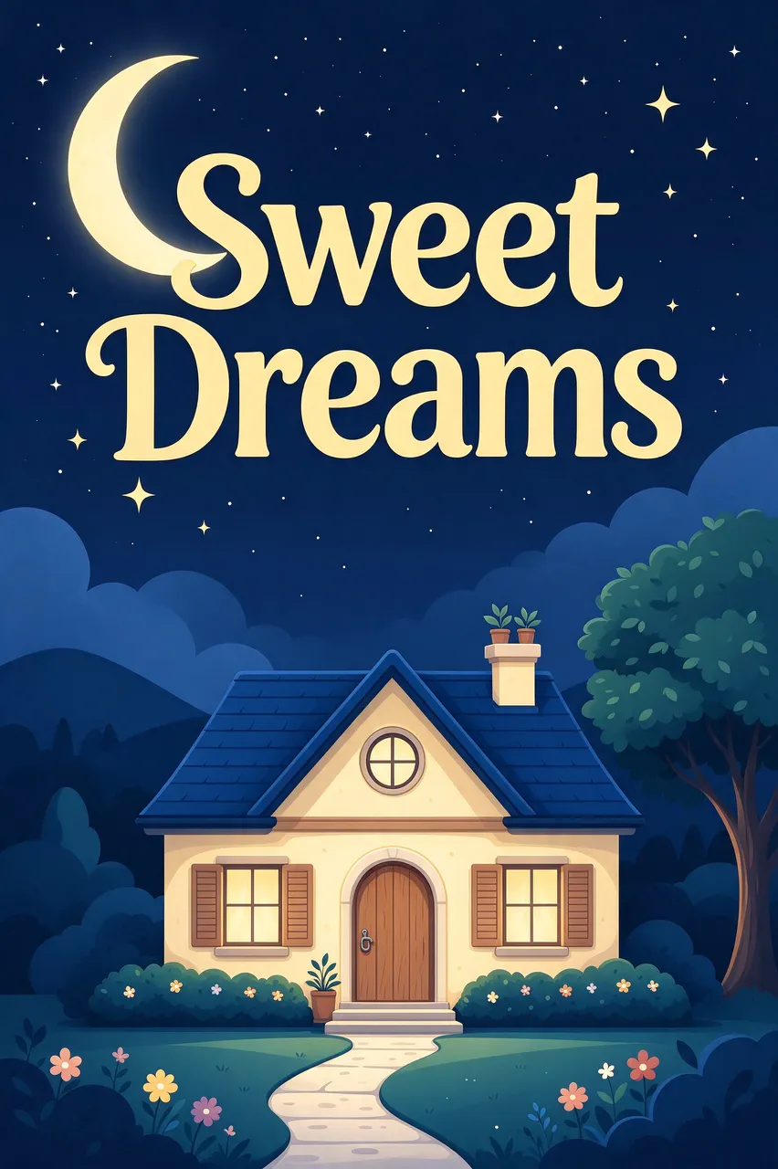 Flat vector illustration showing a cozy cottage under a starry crescent moon sky with bold pale yellow "Sweet Dreams" text.