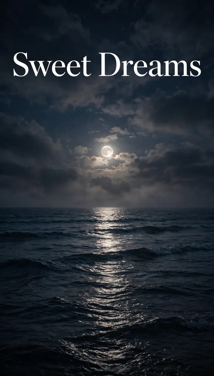 "Sweet Dreams" white serif text sits above a full moon casting a glowing path across gentle night ocean waves