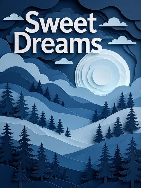 Layered paper cut illustration showing 'Sweet Dreams' text above blue night hills, pine trees and a full moon.