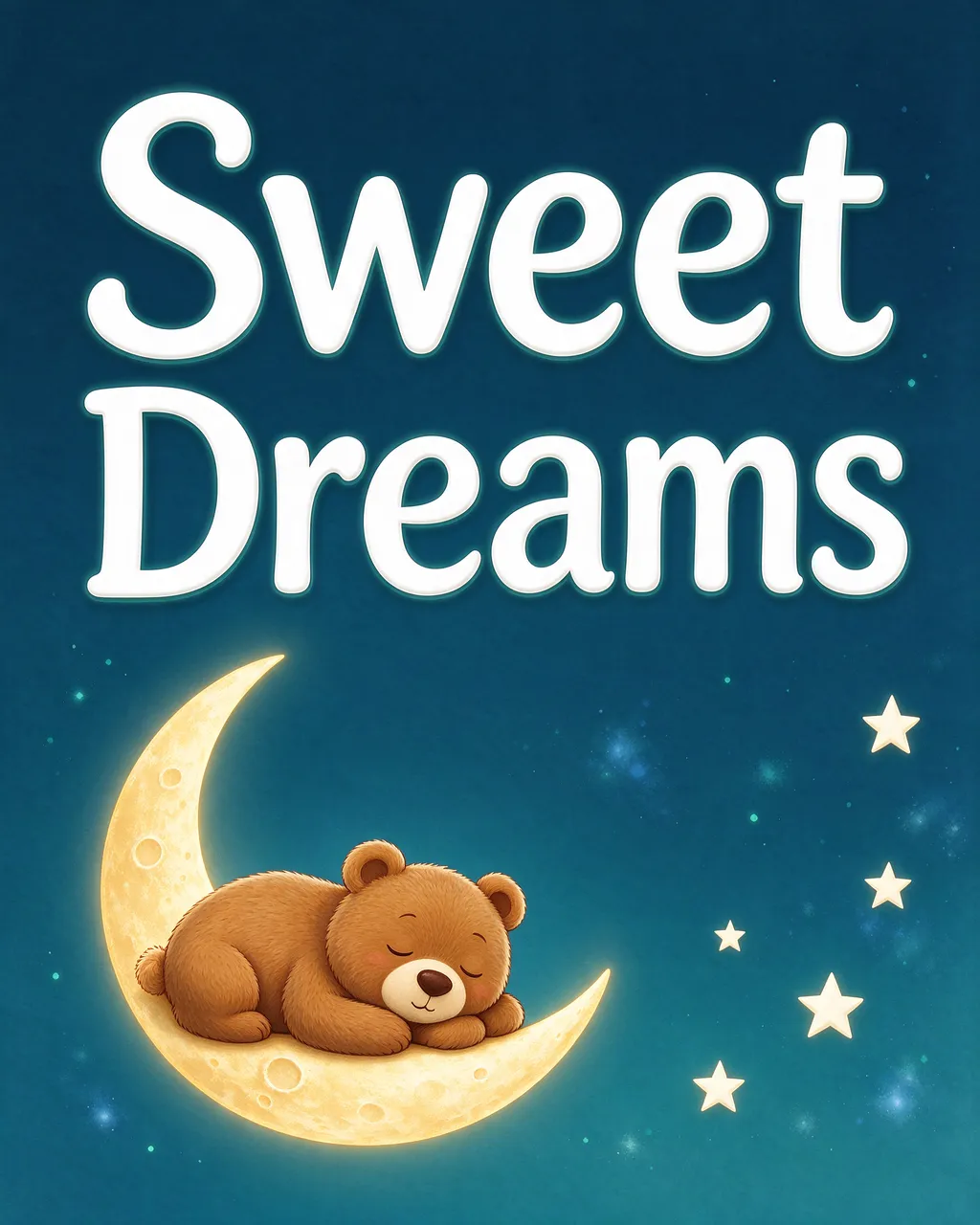 "Sweet Dreams" text with a cute sleeping brown bear resting on a crescent moon surrounded by stars against a deep teal night