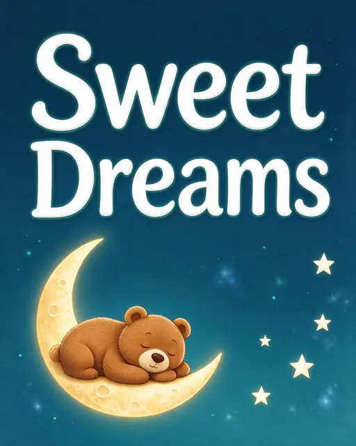 "Sweet Dreams" text with a cute sleeping brown bear resting on a crescent moon surrounded by stars against a deep teal night