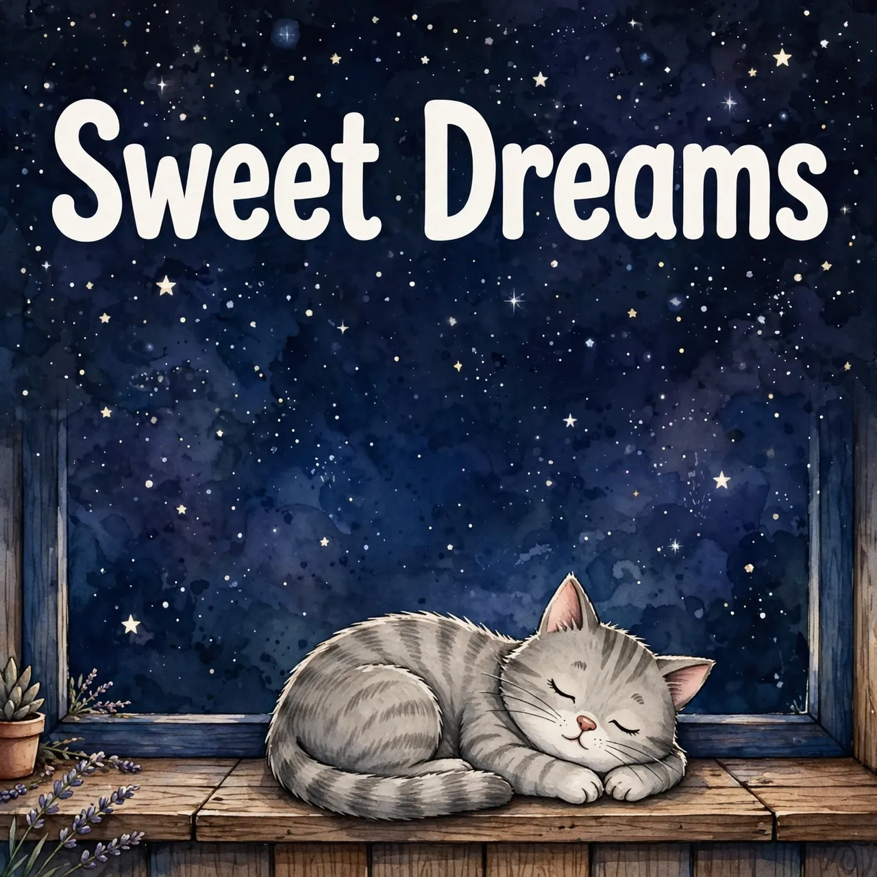 "Sweet Dreams" text appears above a sleeping gray tabby cat curled on a wooden windowsill under a starry night sky