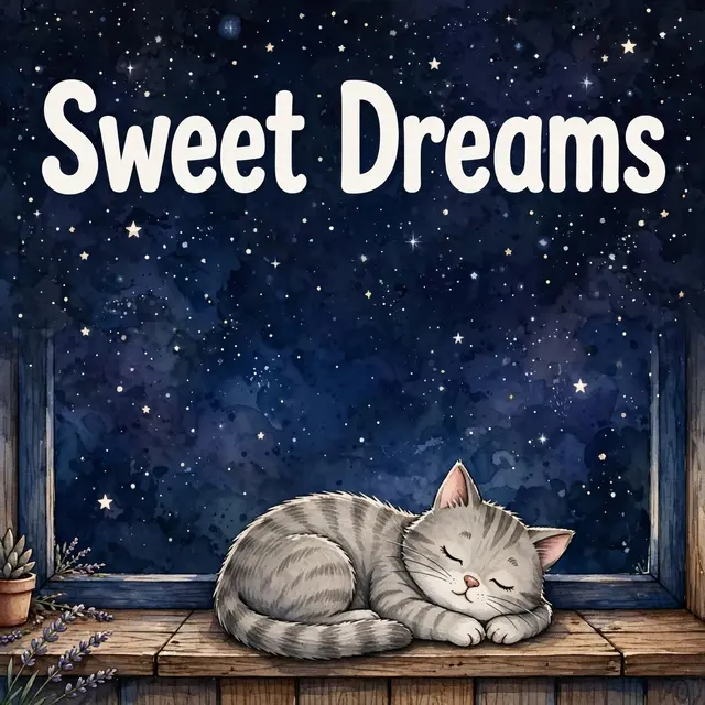 "Sweet Dreams" text appears above a sleeping gray tabby cat curled on a wooden windowsill under a starry night sky