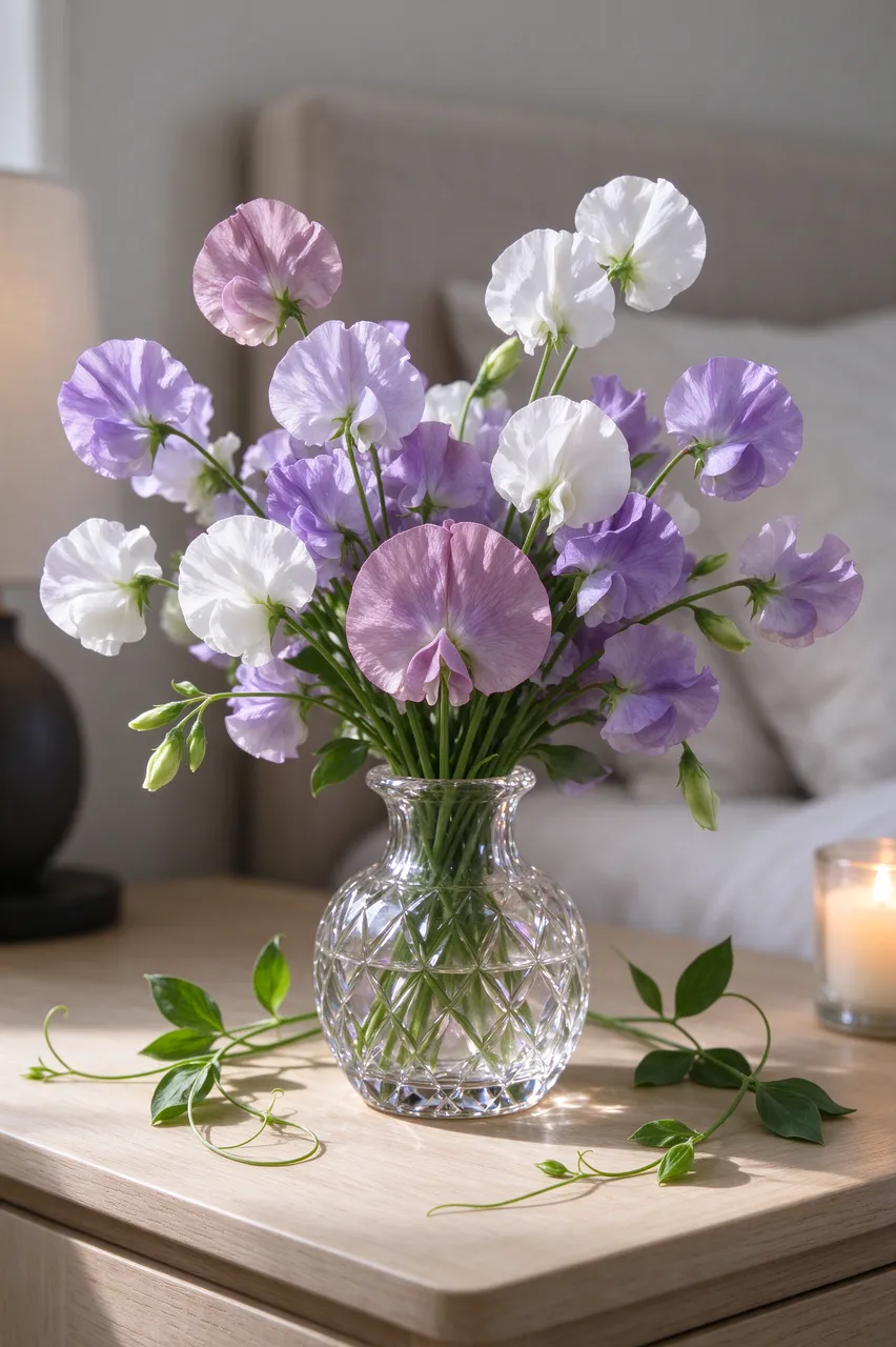 Pastel mauve, lilac and white sweet pea flowers fill a cut glass vase on a wooden bedside table next to a bed