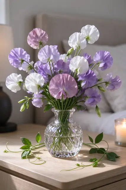 Pastel mauve, lilac and white sweet pea flowers fill a cut glass vase on a wooden bedside table next to a bed