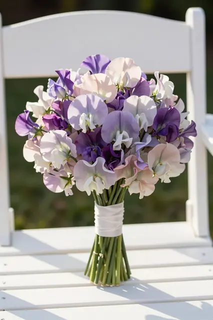 Pastel lavender, mauve and blush sweet pea bridal bouquet rests on a white garden chair in warm late afternoon light