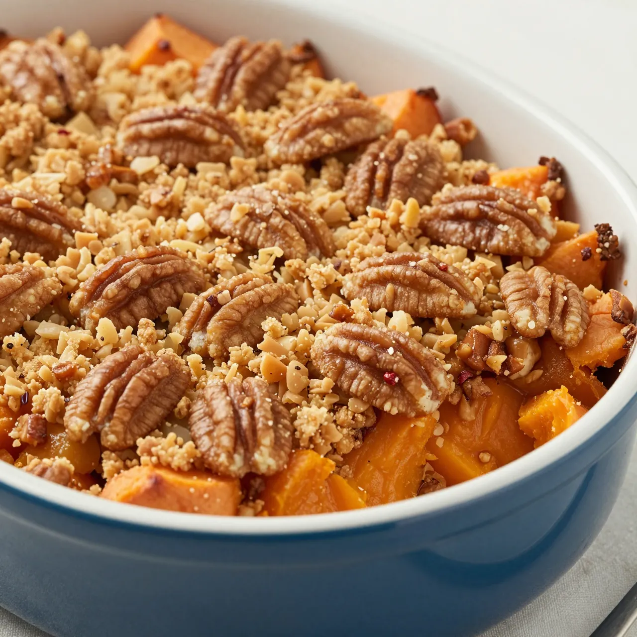 Baked sweet potato casserole with pecan streusel topping in a blue ceramic baking dish