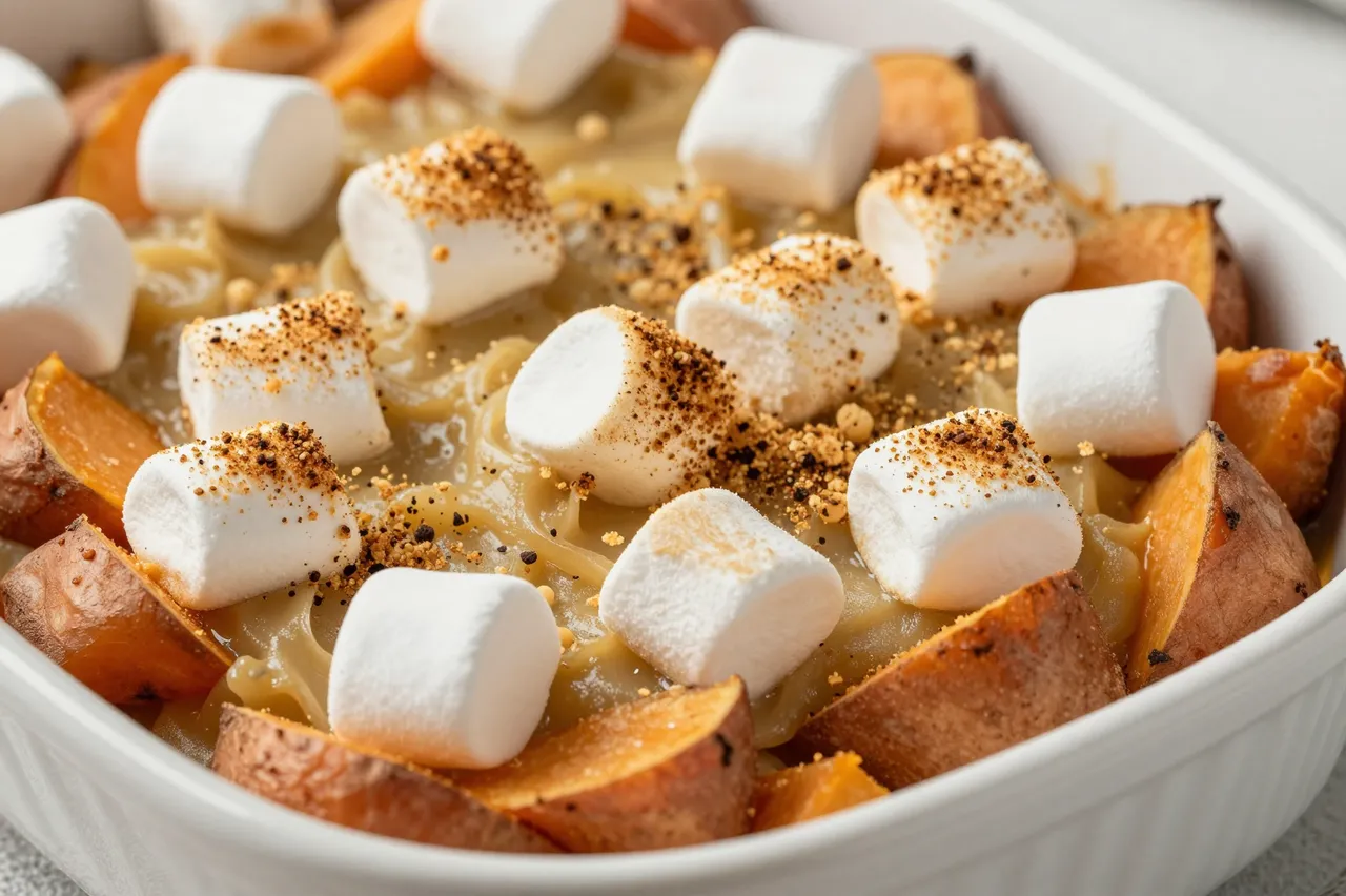 Baked sweet potato casserole topped with whole and spiced toasted marshmallows in a white ceramic dish
