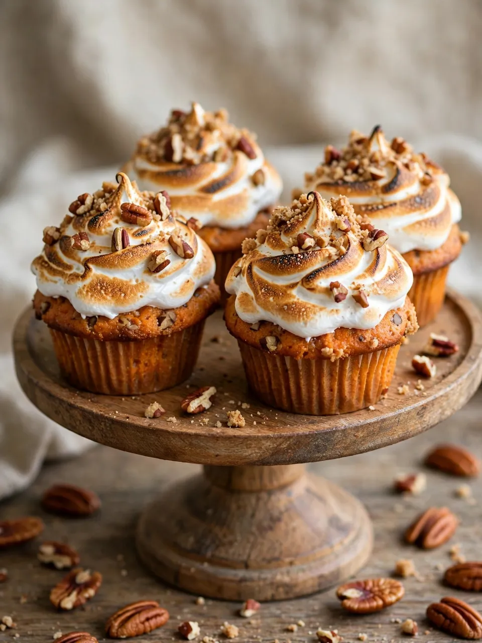 Four sweet potato cupcakes with toasted meringue frosting and pecans sit on a rustic wooden cake stand