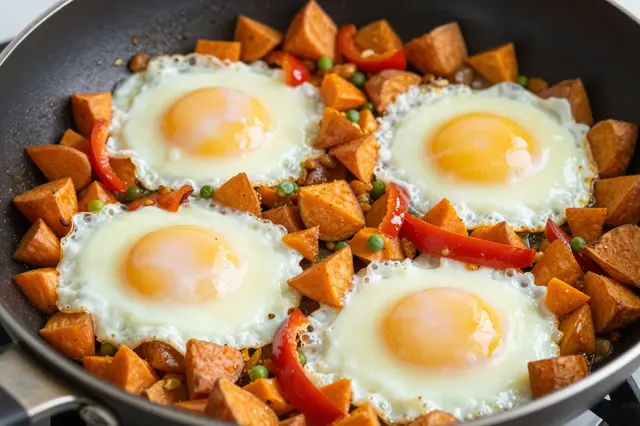 Close-up view of a skillet holding sweet potato hash with red peppers, peas, and four sunny-side-up fried eggs.