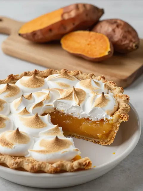 Toasted meringue sweet potato pie with a sliced portion removed sits on a plate next to raw sweet potatoes on a cutting
