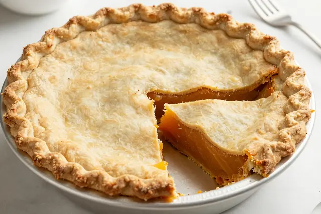 Whole sweet potato pie in a metal pan with one cut slice resting next to the empty gap in the crust