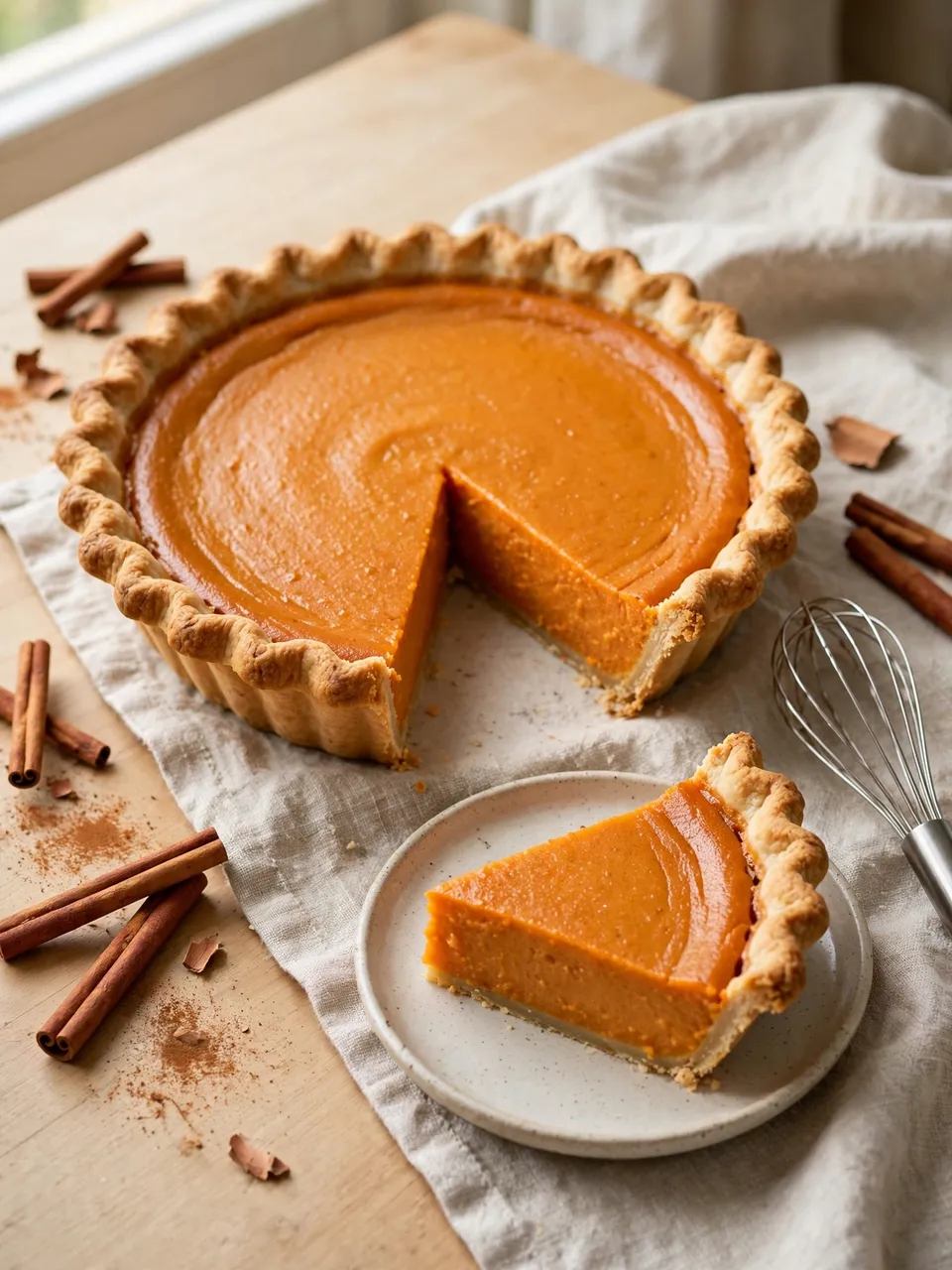 Whole sweet potato pie with one removed slice on a plate, surrounded by cinnamon sticks and a small whisk on a linen cloth.
